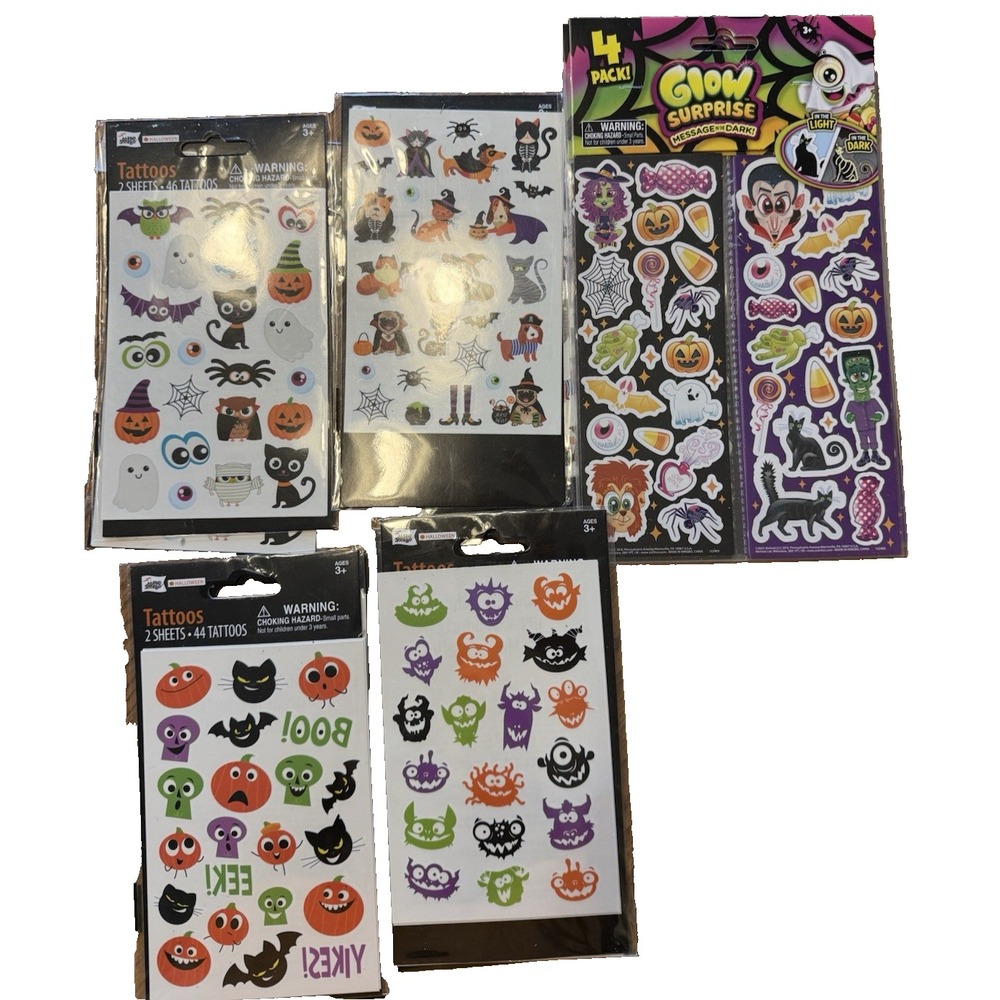 14 Sheet Set (multiples) of Halloween Temporary Tattoos and Sticker Lot - NEW